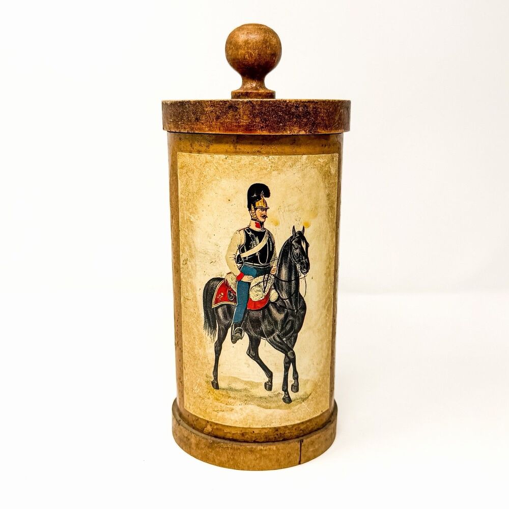 Vintage Spanish Decorative Canister Wood Humidor Cavalry Horse Soldier Spain